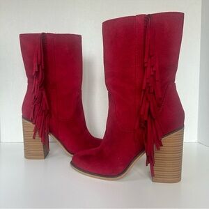 Red fringe heeled boot, size 7.5